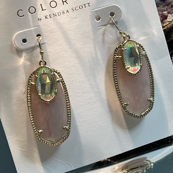 NWT Kendra Scott RARE & Retired Emmy Earrings Rose Quartz, Dichroic Yellow Gold - Picture 4 of 17